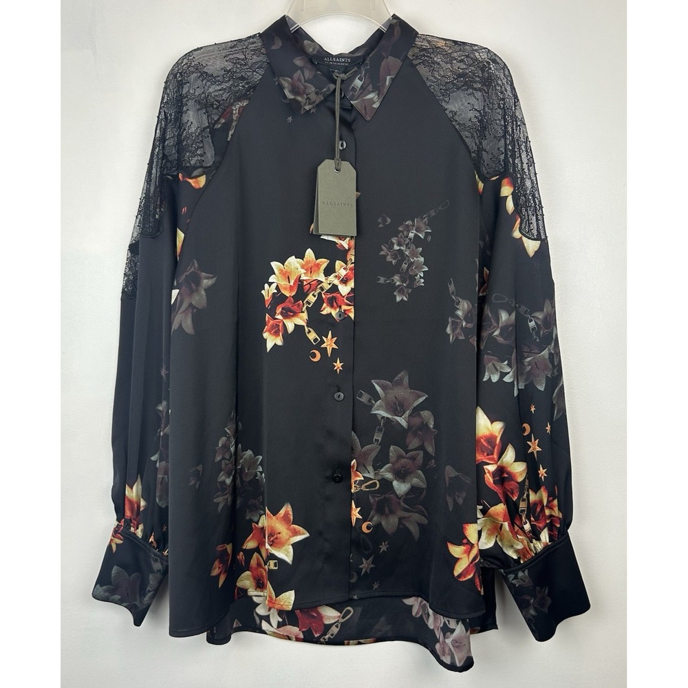 AllSaints Oana Stargazer Shirt Womens 10 Black Floral Whimsigoth Sheer Lace New